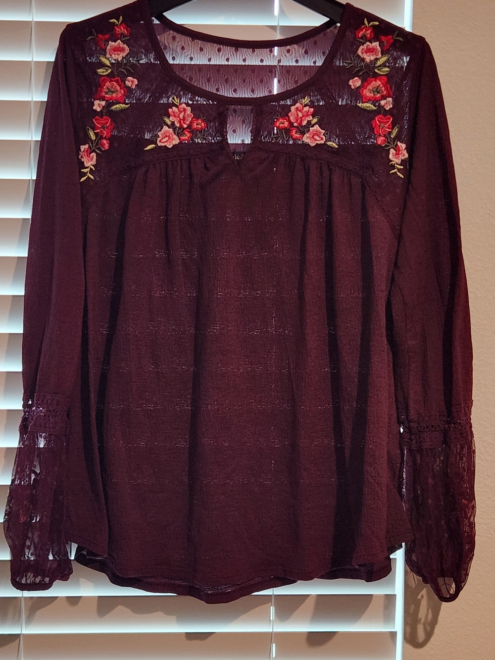 Style & Co Embroidered Boho Peasant Top Burgundy Sheer Floral Large